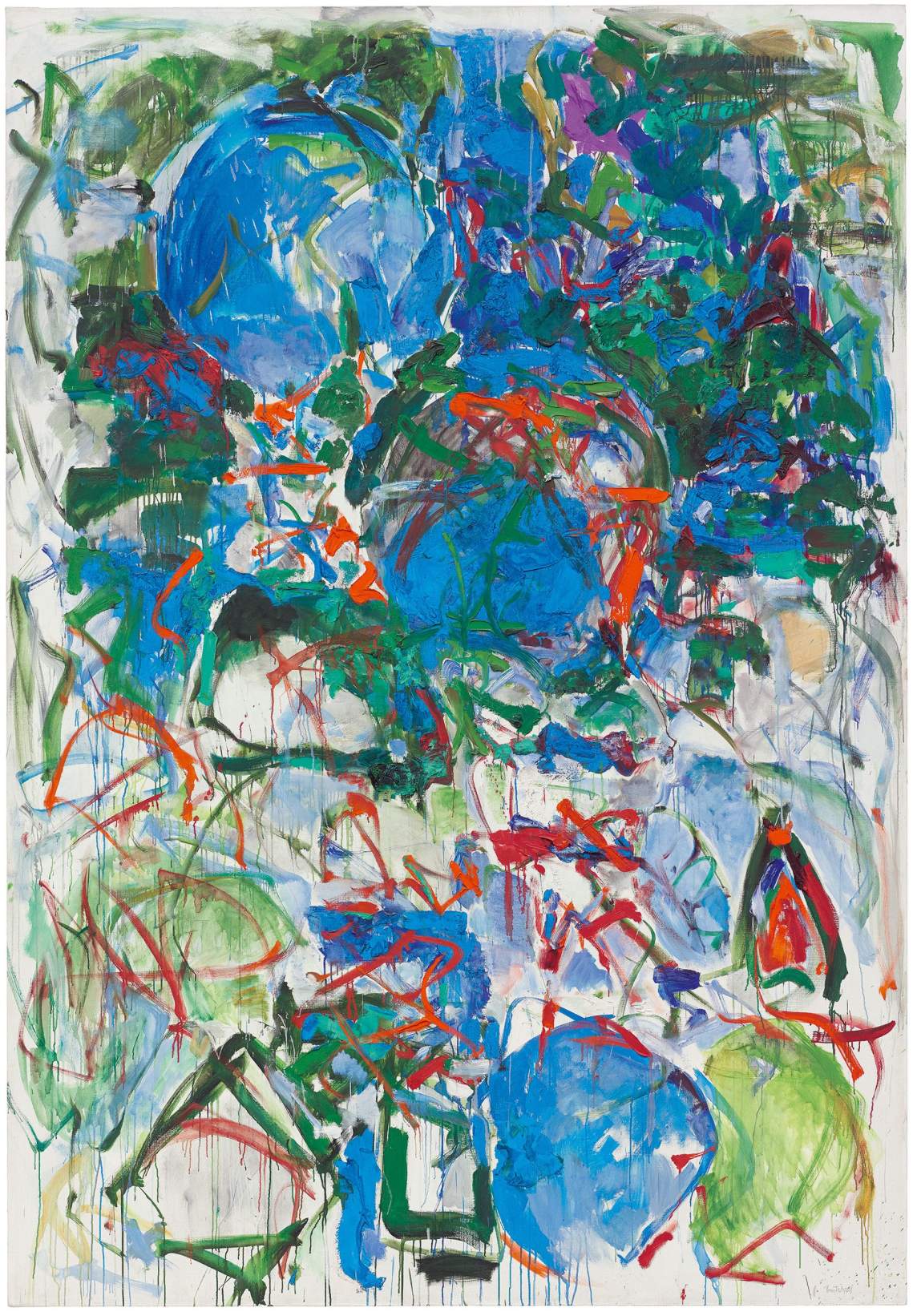 Mon Paysage is a vertical abstract painting by Joan Mitchell with overlapping rounded blue and green shapes accented with gestures of red, orange, and green lines on a white ground.