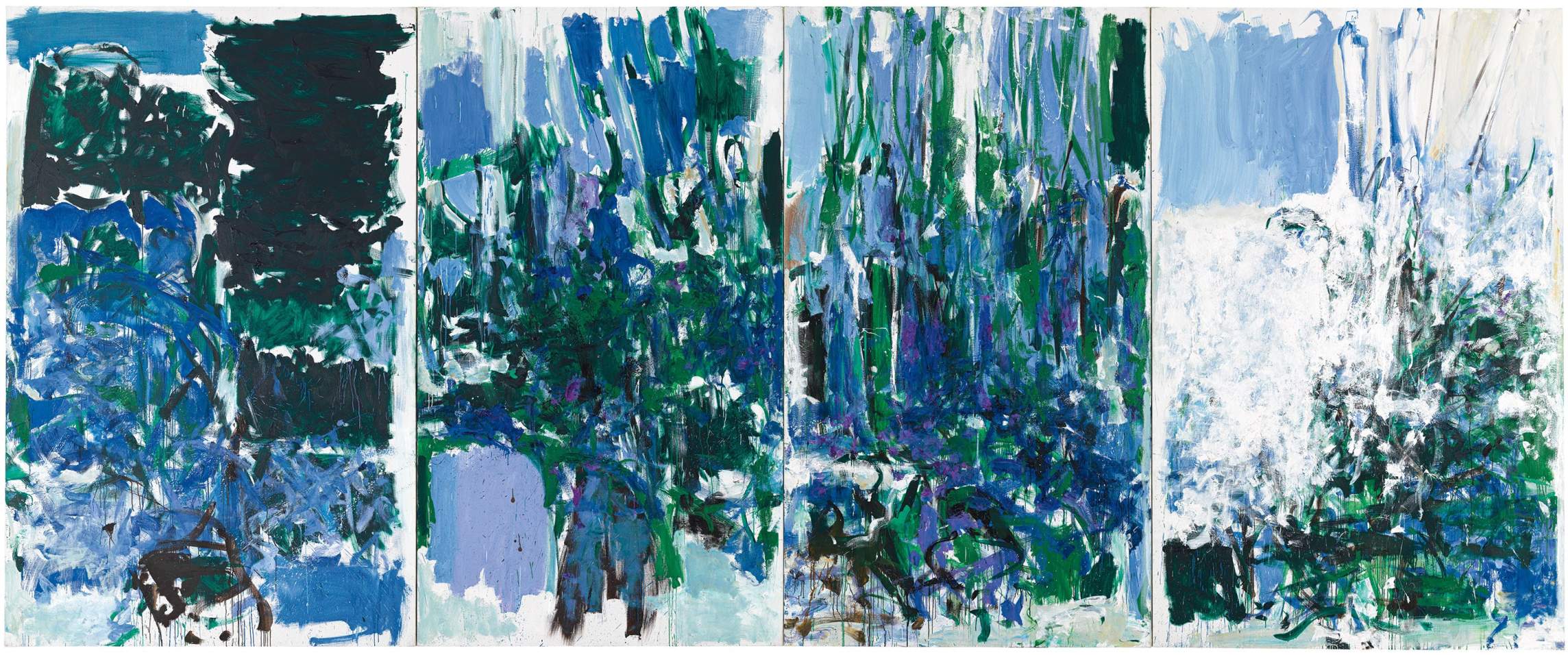 Peinture de Joan Mitchell : quatre toiles peintes de grands coups de pinceaux verts, bleus qui font penser aux Nymphéas de Monet
