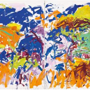 Ici is an abstract diptych painting by Joan Mitchell with energetic and layered tangled clusters of bold strokes in royal blue, orange, mint and yellow, with smaller tangles of burgundy and lavender.