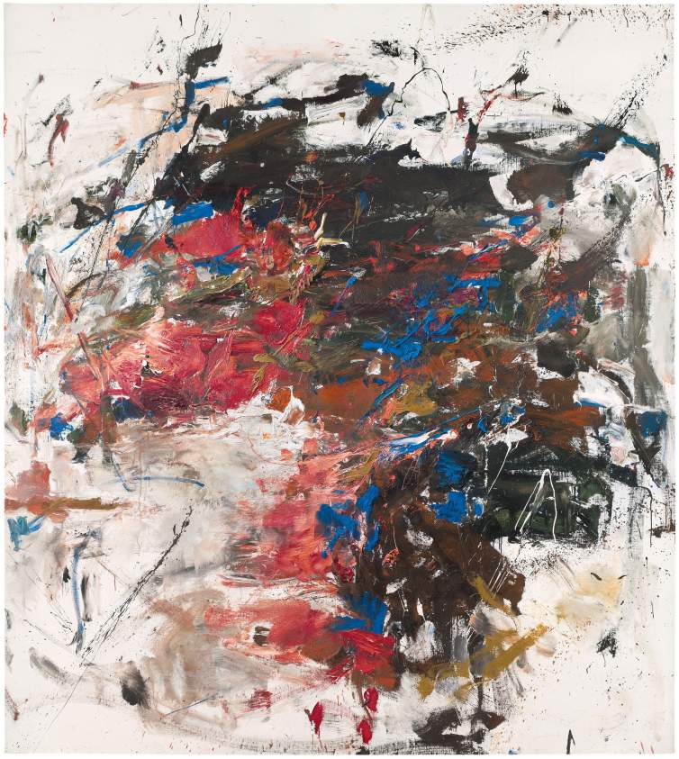 Mandres is a vertical abstract painting with bold brushstrokes in red, blue, brown, black, and white creating a central form with splatters and strokes dotting the white ground of the canvas.