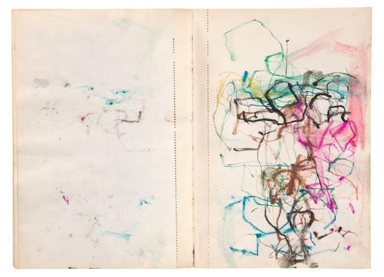 Page spread in a sketchbook kept by artist Joan Mitchell circa 1967, with abstract drawing on right page.