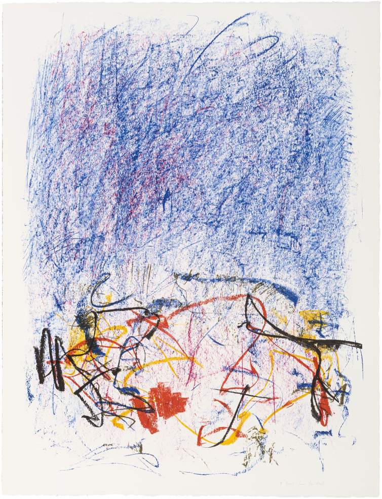 Bedford I is an abstract print on off-white paper composed of a field of blue texture at the top, with a cluster of multicolor gestural strokes—black, red, and yellow—layered over a white background at the bottom.