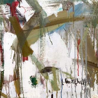 A close-up detail of Joan Mitchell painting titled Ladybug, showing brushstrokes in green, drips of paint and artist signature
