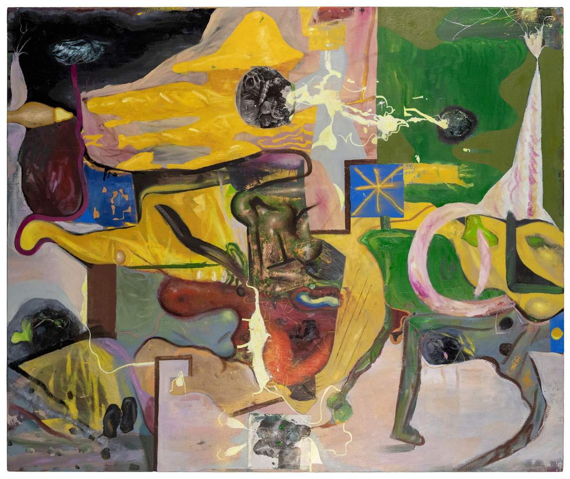 Sauna Stones is an abstract painting of various organic and geometric overlapping forms, some suggesting limbs, bodies, and fields, with painterly textures and various colors.