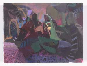 The Entombment II is an abstract painting featuring a mix of dark and bright colors, jumbled geometric shapes, and varied textures.