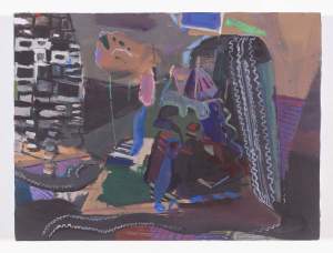 Perseus and Andromeda II is an abstract painting with mixed colors and shapes, featuring elements like a grid pattern, wavy lines, and various geometric designs on a multicolored background.