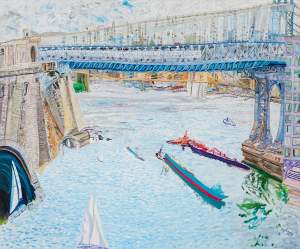 A nearly square painting shows New York's East River with multiple bridges crossing it that span from one side of the painting to the other. We see boats and barges passing through the painterly surface of the water, and glimpses of a brightly painted Manhattan skyline in the background.