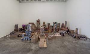 Cover the Earth IV is an installation in a gallery space of various rectangular cardboard assemblages that form an abstracted model cityscape.