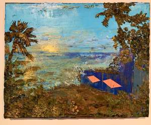 Playa Piñones, PR is a sunset beach landscape depicted in a brushy texture. On the right is a partial bright blue wall with two horizontal pink diamonds.