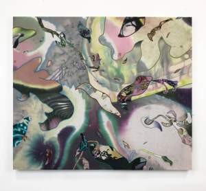 Spectral Harp is an abstract textile work with fluid shapes, washy painted textures and distorted patterned shapes outlined in embroidery thread.