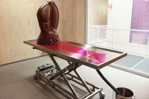 Bliss Point (Saint Gabriel's Morgue) is an installation of a stainless steel rolling embalming table with the top half of a larger-than-life chocolate bunny face standing upright in a pool of bright red fluid. A flexible drain pipe extends from the table to a metal bucket.