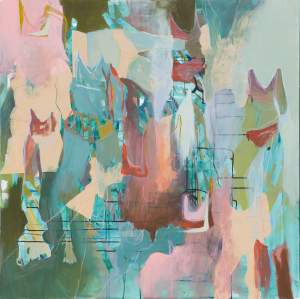 Bearing Witness is a square abstract painting featuring a mix of pastel and vibrant colors, including pink, teal, orange, and green, with overlapping shapes and fluid brushstrokes
