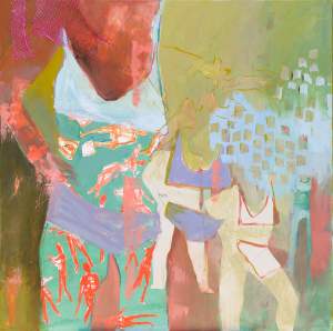 The Collective is a square abstract painting  with mixed colors and shapes depicting human figures and geometric patterns in vibrant tones of green, red, purple, and yellow.