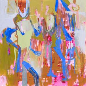 The Sun Rising Over Our Interior Lives is an abstract painting featuring vibrant brushstrokes and shapes in blue, pink, green, and brown hues.