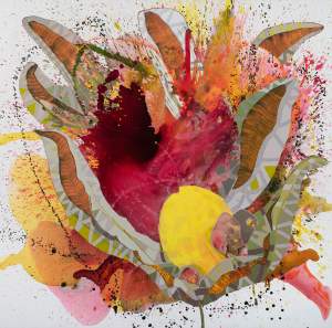 Dateline is a nearly square abstract painting. From a fuschia center, petals in greys and oranges unfurl, surrounded by explosive splatters of pink and orange.