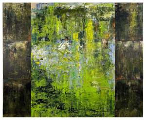 Abstract painting with dominant green and yellow tones, featuring textured layers and vertical strokes. Darker shades frame the central vibrant area, creating a contrast with the lighter, brighter colors.