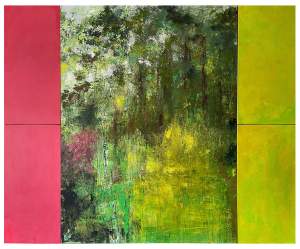 Abstract painting with vibrant green and yellow in the center, flanked by red and pink on the left, and green and yellow on the right. The central green area has a textured, nature-inspired appearance.