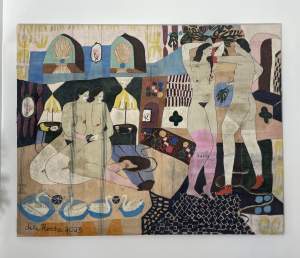 Colorful, abstract painting depicting four nude figures interacting in an interior space with patterned walls and objects.