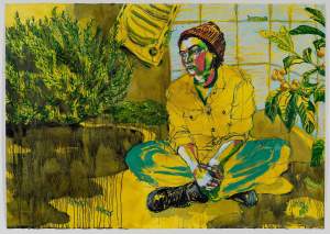 Roselawn is an expressionistic painting in which a woman sits crosslegged on the floor, gazing off to the side. Painted primarily in yellows and greens, vegetation surrounds her.