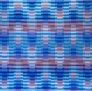 Kente of Dorothy Height of The Big Six of The Great March on Washington 1963 is a square painting of a finely striped optical geometric patterning in pinks and blues.