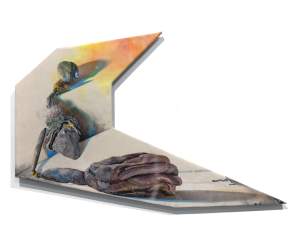 Untitled is a painting on a shaped geometric canvas. A form stretches across the shape, like a distorted arm with a giant hand.