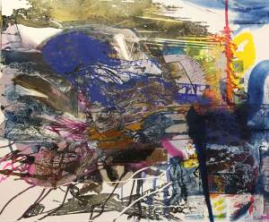 Taproot is a horizontal abstract painting, with a frenzy of textures and gestures interrupting each other in horizontal movements across the canvas, in blues, browns, grays and pink, with some bright spots of yellow and a vertical red.