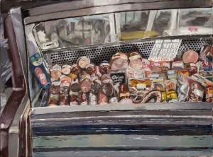 Pyaterochka is a painting depicting a case of sausage from a corner store in russia; comparing sausage selections in louisiana to russia