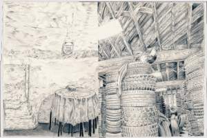 i don't know you or me is a drawing in which the left half is a plastered cafe with white lace tablecloths in a church complex in a village in russia while the right half is a tire shop with a chicken standing guard of the stack of tires in new orleans. the chicken was seen by Slavs as a symbol of women's fertility; intricate lace adds to femininity as well as cars being a "feminine" word in russian grammar and also cars being referred to as "she" in english.