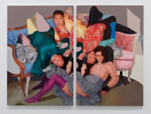 A painting of four people entangled on a sofa and armchair, wearing colorful clothing and patterned tights, arranged in a surreal, overlapping composition.