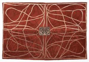 An abstract painting with swirling white lines on a red background and a small square with intricate details in the center.