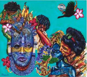 2 young people frame a blue mask-like face to the left, and on the right a woman leans over a blue figure with closed eyes. To the upper right is a bird with a flower and badge reading 1619-1865.