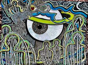 ancestral ascension psypher is an illustration with a large, detailed eyeball at the center of an abstract, colorful scene with swirling patterns, outlined figures, and various symbols surrounding the eye.