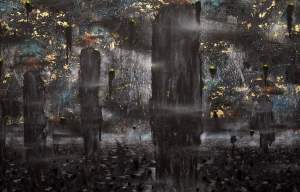Fog Land: The Narrow Path Through Your Bullshit is a horizontal abstract painting with dark, towering vertical shapes against a textured, multicolored background featuring gold and silvery accents.