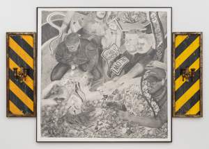 Framed drawing depicting police encircling and assaulting a person bleeding on the ground. Two hazard striped panels with candelabra are attached on either side.