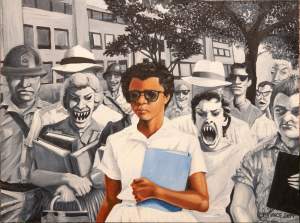 Painting depicting Elizabeth Eckford of the Little Rock Nine walking to school in the midst of demons. She is painted in color, and the demons are in grey.