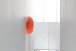 “Cuando bailamos, I” is a rounded pom of gathered tulle hanging high on a white wall in hues of orange and pink. Orange light reflects off of the fabric onto the wall.