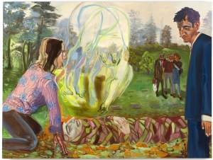 “My Mother's Funeral” is an expressionist figurative painting, in which a woman with medium light skin, brown hair, glasses and pink patterned shirt at left, kneels above a dead woman wrapped in green and red fabric strips. Above the dead woman, a ghostly transparent nude figure floats above, folded at the waist. To the right, a man with medium dark skin in a blue suit looks down sadly at the body. Behind them is a green grassy cemetery, and two men and a woman with medium dark skin huddle together in the distance looking towards the funeral scene.