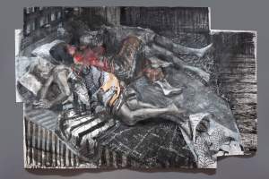 “Without” depicts three figures lying asleep in bed - an older person on the left, then a younger woman in the middle, and an indirect figure on the end. Heads on pillows, they lay on top of tangles of blankets. The composition is largely in black and white, except for the middle figure who has a red shirt, brown panda and peach skin. The color on her seems to bleed onto the blanket of the older person nestled against her.