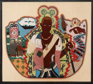 “Bras-Coupé” is a large beaded apron medallion depicting an enslaved African prince who was known for leading rebellions against bondage. Bras-Coupé is pictured as a Black man holding a spear in one hand, and broken chains falling from the other amputated arm. Motifs flank the central figure including a throne, railroad tracks with flames, a sail ship, and a pointing hand holding a candle.