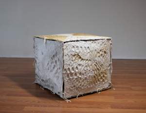 “Untitled (Trunk)” is a cube structure made of textured handmade paper, tied together at the edges with white deer hide lacing. The front face is textured all over with oblong indentations like fingerprints.