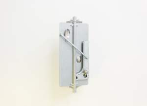 WITHOUT BREAK WITH ALL POWER is a sculptural assemblage of salvaged steel and conduit is inspired by street signs, security mirrors. Parts are attached to a pivoting axis with magnets, allowing reposition. Cut spoons, shown in reverse, reflecting a convex and inverted world in tandem. A single poppy pod, cast in aluminum, extends from the frame.