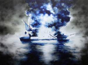 Collapsed Soul is a painting depicting a boat engulfed in blue and white smoke on a reflective body of water with misty surroundings.