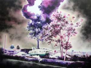 El camino de Combate depicts a tree engulfed in purple smoke in front of a stormy sky. Below is a sports boat sitting on land, a low-slung building, and palm trees.