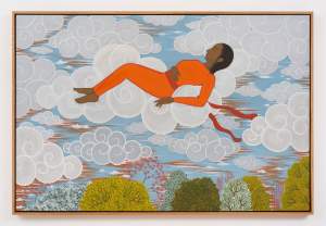 Bursting with Clouds depicts a reclining figure with closed eyes floating in spiral patterned clouds above flowering trees.