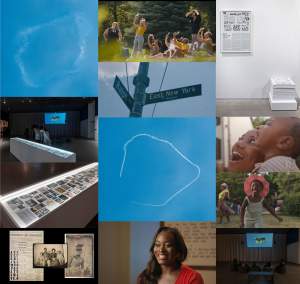 grid of photographs depicting different elements of 40 ACRES: WEEKSVILLE, including images of a round semicircle of vapor trails in a blue sky, a group of people looking up, a vitrine of photos and documentation, and street sign reading Ralph Ave and East New York Avenue.