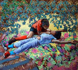Play depicts two young Black girls, one all in blue laying prone with arms outstretched above, as the other in red and black crouches over her with two fingers on her neck as if checking her pulse. Floral brocade patterns extend from and surround them in bright blues, greens, and pinks.