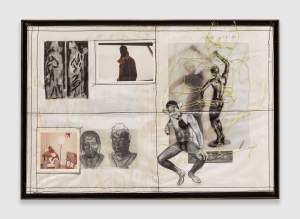 Benga's Sword is a paper collage of photographs and drawings in a black frame, showing images of black-and-white photos of figurative sculptures, a seated nude Black man, Saints, a person in a living room, and a figure overlaid stitched in yellow threads
