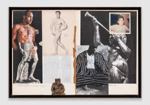 To Keep His Commandments and Statutes is a paper collage of photographs and drawings in a black frame, showing images of a body builder, male figures, including black-and-white photos of nude or partially clothed men, a sculpture of a cherub, and a small color portrait in the top right corner.