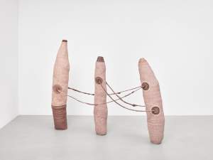 Three roughly caterpillar-like shapes stand connected to each other by ropes. Each tea-rose-pink shape tapers at both ends, and some of the tips of the forms are darker dusky rose. Emerging from belly-button-like sites, two ropes connect the outermost forms, and a second set of ropes connects the central form and the rightmost.