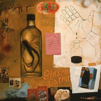 A painting with various collaged details including a bottle with dark ginseng root, a drawing of a hand with blood dripping into a bottle, label reading $3.35, and pinned pink note